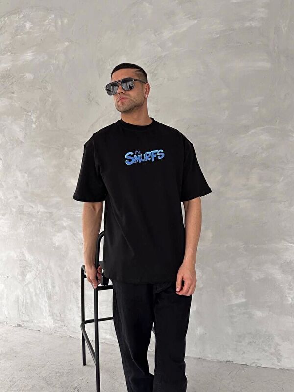 Jane's Ön Ve Arka Baskılı Oversize Bisiklet Yaka T-shirt- Siyah
