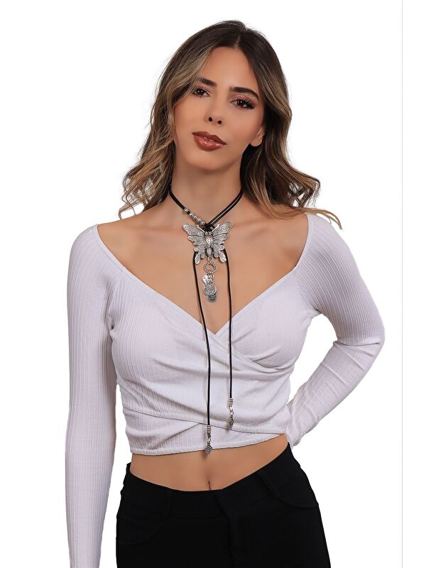 Labalaba Kadın Antik Gümüş Kaplama Kelebek Charmlı Dolama Model Tasarım Ip Kolye
