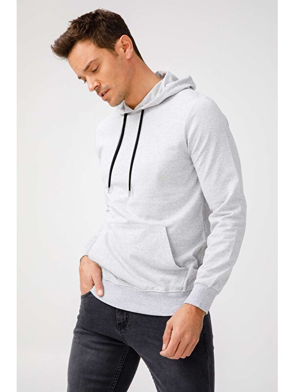 igs Erkek A.Gri Modernfit / Ekstra Dar Kalıp Kapüşonlu Fermuarsız Sweatshirt