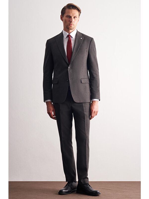 İMZA Koyu Antrasit Kırlangıç Yaka Çizgili Desen Esnek 6 Drop Slim Fit Classic Takım Elbise 1001255165