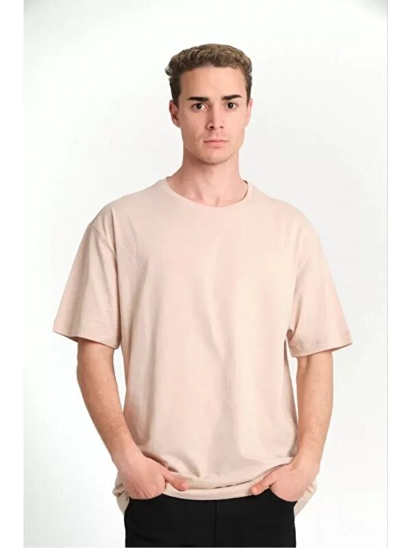 Jane's Unisex Düz Biskilet Yaka Oversize T-shirt - Bej
