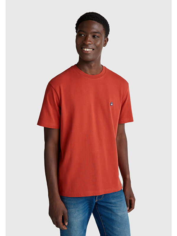 United Colors Of Benetton Erkek Kırmızı %100 Pamuk Benetton Logolu Bisiklet Yaka Tişört
