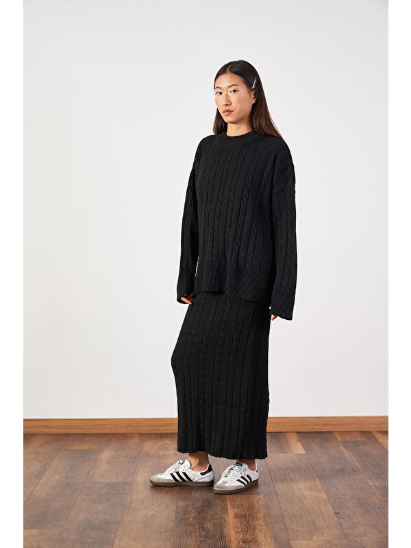 Mevra Saç Örgü Oversize Triko Kazak Siyah
