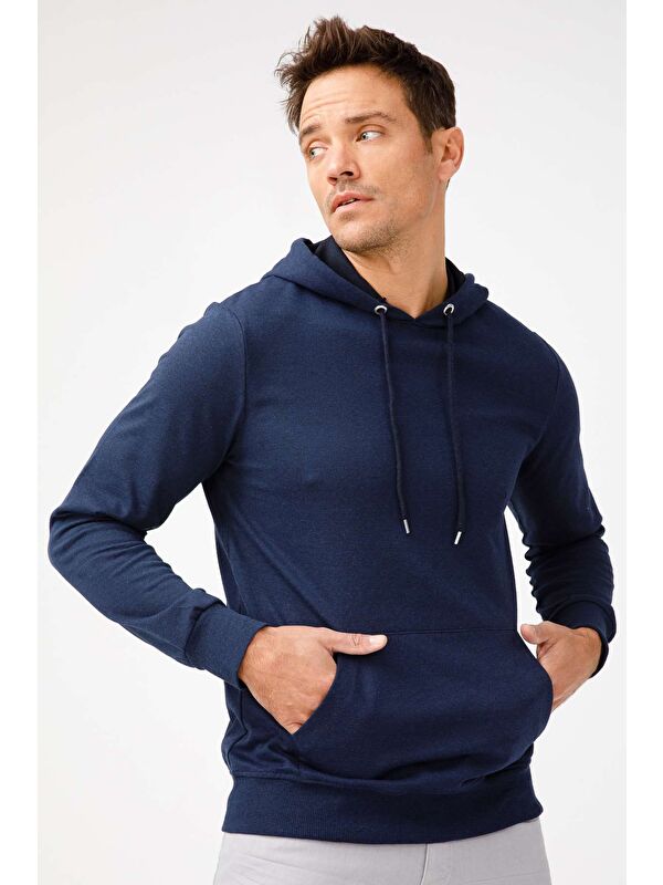 igs Erkek Lacivert Modernfit / Ekstra Dar Kalıp Kapüşonlu Fermuarsız Sweatshirt