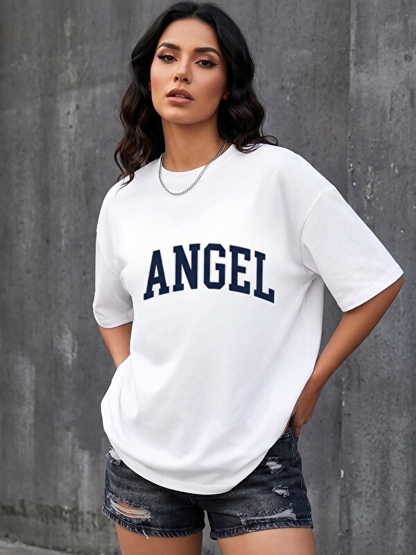 Trendseninle Kadın Angel Baskı %100 Organik Pamuk Relaxed Fit Yuvarlak Yaka Tişört Beyaz