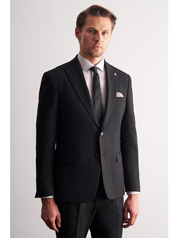 İMZA Siyah Kırlangıç Yaka Çizgili Desen Esnek 6 Drop Slim Fit Classic Takım Elbise 1001255164