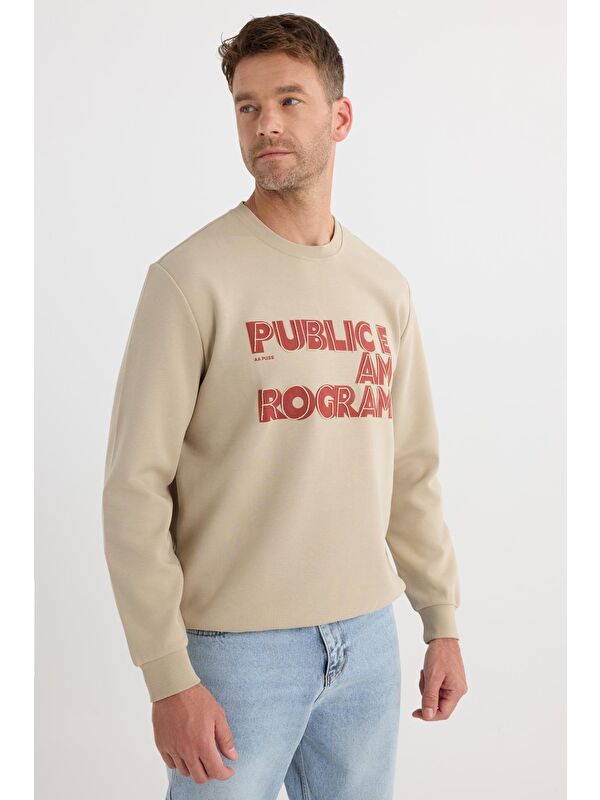 TUDORS Unisex Oversize Geniş Kesim Pamuklu Yumuşak Dokulu İçi Polarlı Baskılı Bej Sweatshirt