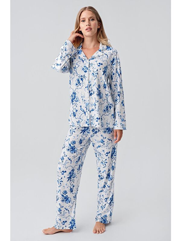 Artış Termal Uzun Kollu Düğmeli Desenli Esnek Yumuşak Dokulu Pijama Takım 18222