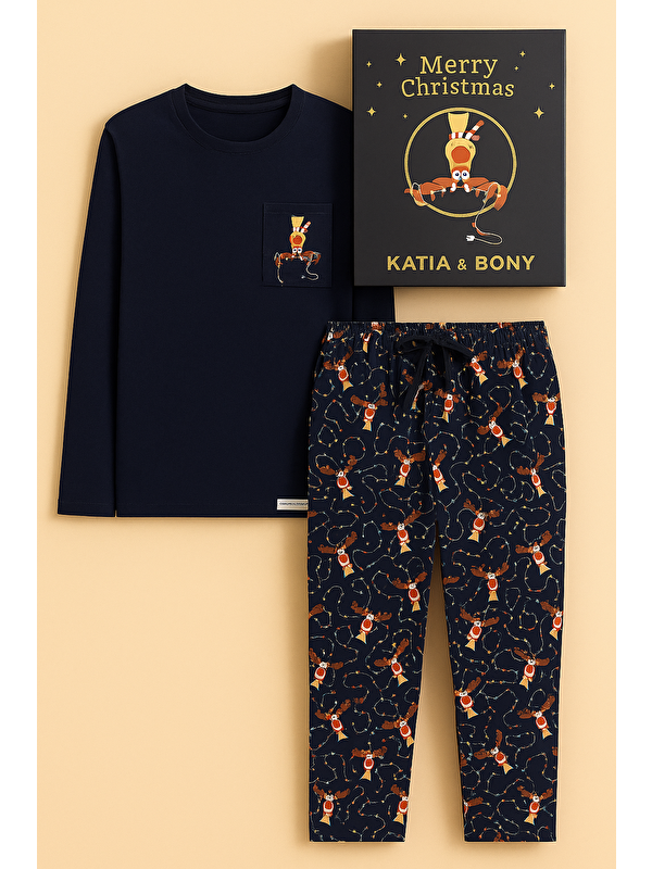 Katia And Bony Erkek Geyik Desenli Kutulu Yılbaşı Pijama Takımı Lacivert