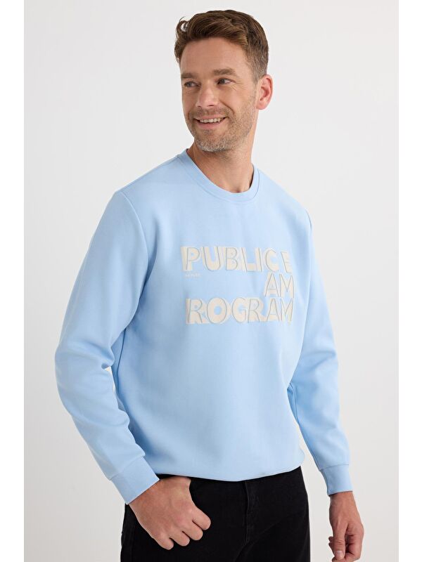 TUDORS Unisex Oversize Geniş Kesim Pamuklu Yumuşak Dokulu İçi Polarlı Baskılı Mavi Sweatshirt