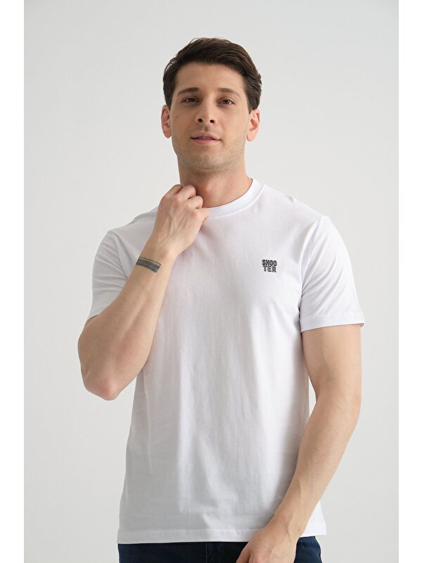 Shooter Sportswear Beyaz Shooter Erkek Pamuklu Esnek T-shirt  Standart Kalıp Minimal Logolu