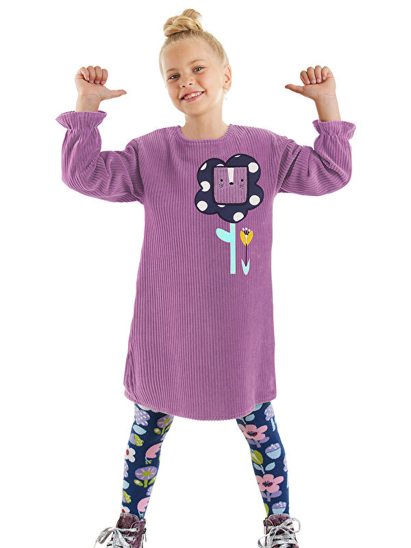 Denokids Çiçekli Kız Çocuk Lila Kadife Elbise
