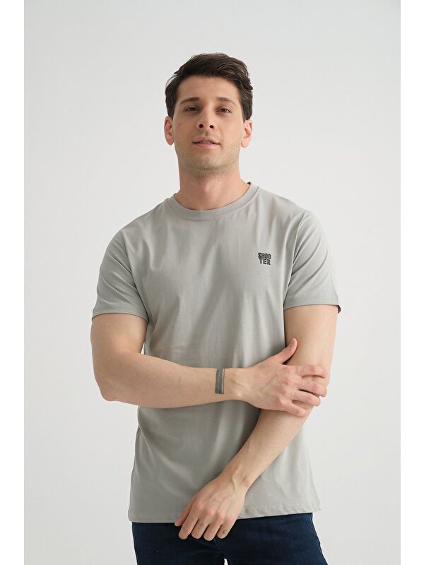 Shooter Sportswear Gri Shooter Erkek Pamuklu Esnek T-shirt  Standart Kalıp Minimal Logolu
