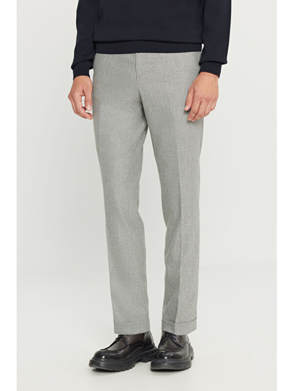 Altınyıldız Classics Erkek Gri Yünlü Slim Fit Dar Kesim Beli Gizli Lastikli Yan Cepli Diagonal Desenli Klasik Pantolon