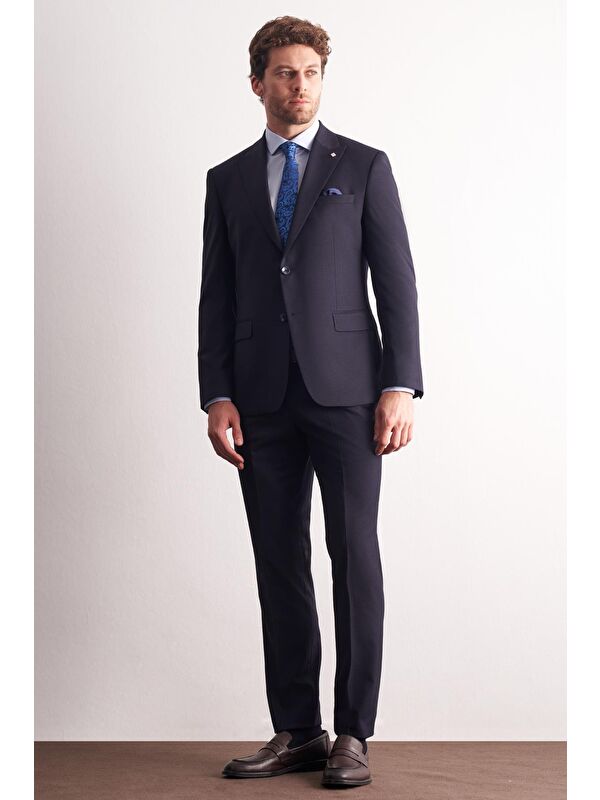 İMZA Koyu Lacivert Kırlangıç Yaka Kendinden Desenli Esnek Bel Slim Fit 6 Drop Takım Elbise 1001255167