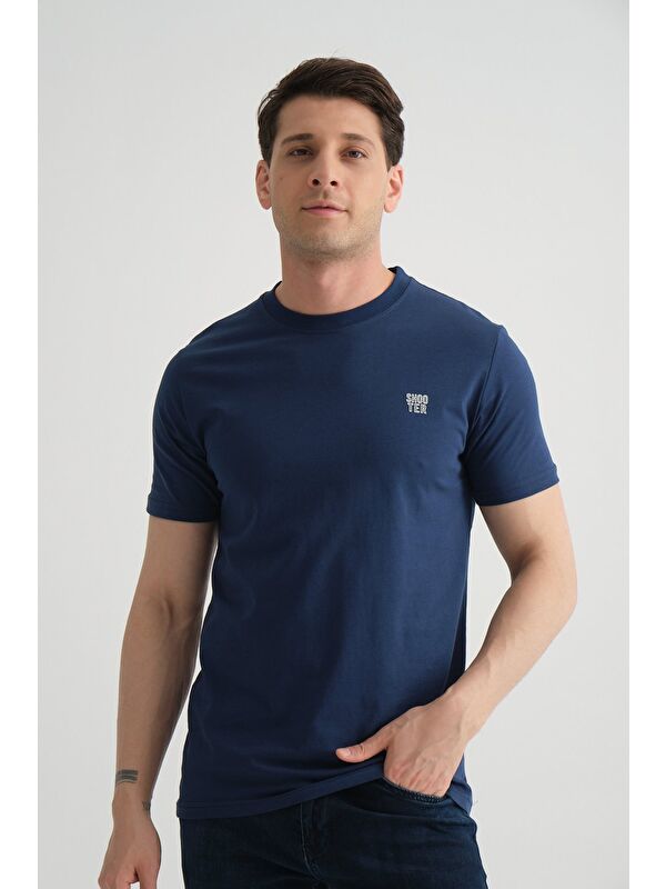Shooter Sportswear İndigo Shooter Erkek Pamuklu Esnek T-shirt  Standart Kalıp Minimal Logolu