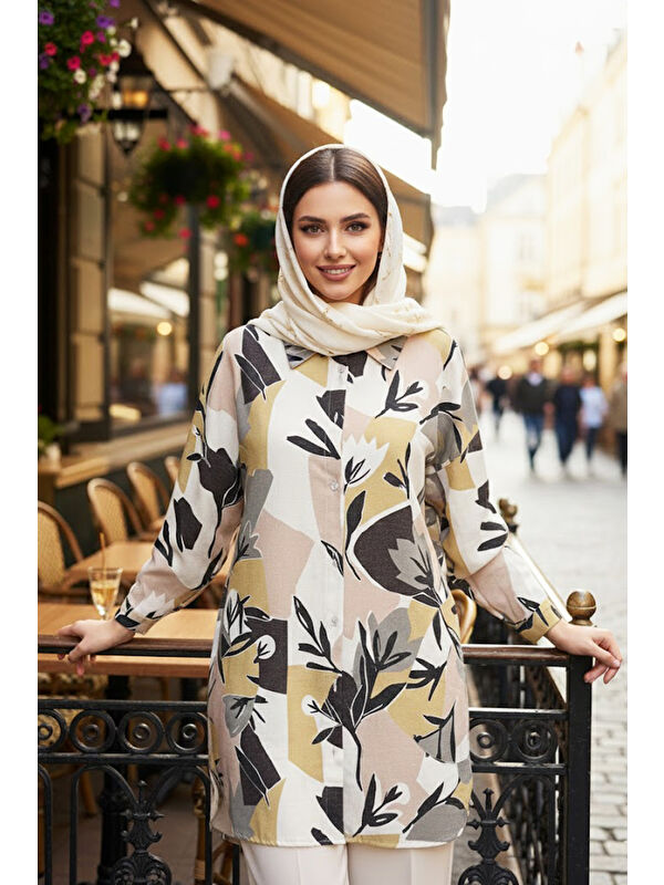 Remsa Ata Dijital Baskı Gömlek Tunik 5149 Amber Sarı