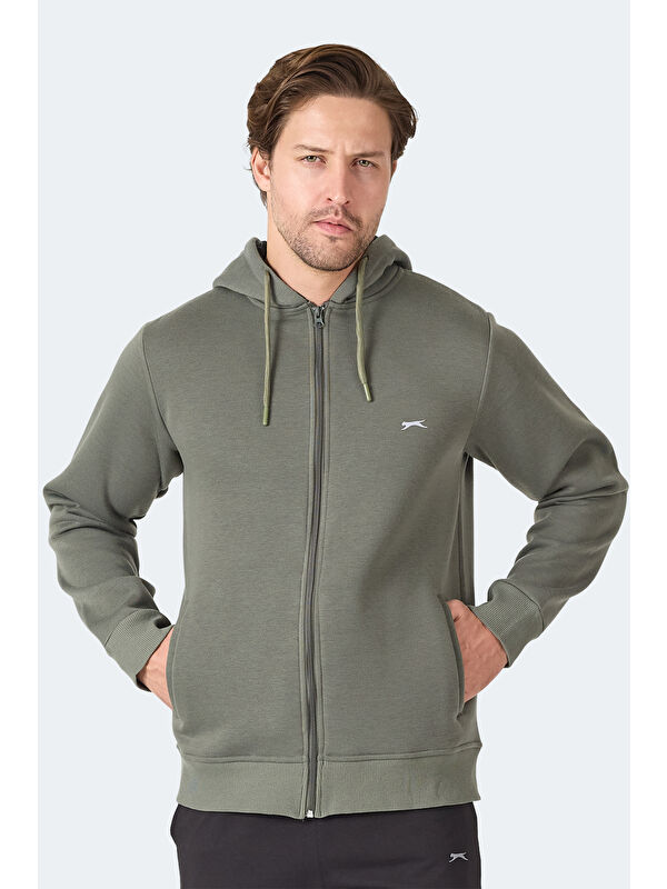 SLAZENGER MAJESTIC I   Kapüşonlu Cepli Haki Erkek Polar Fermuarlı Sweatshirt Hırka