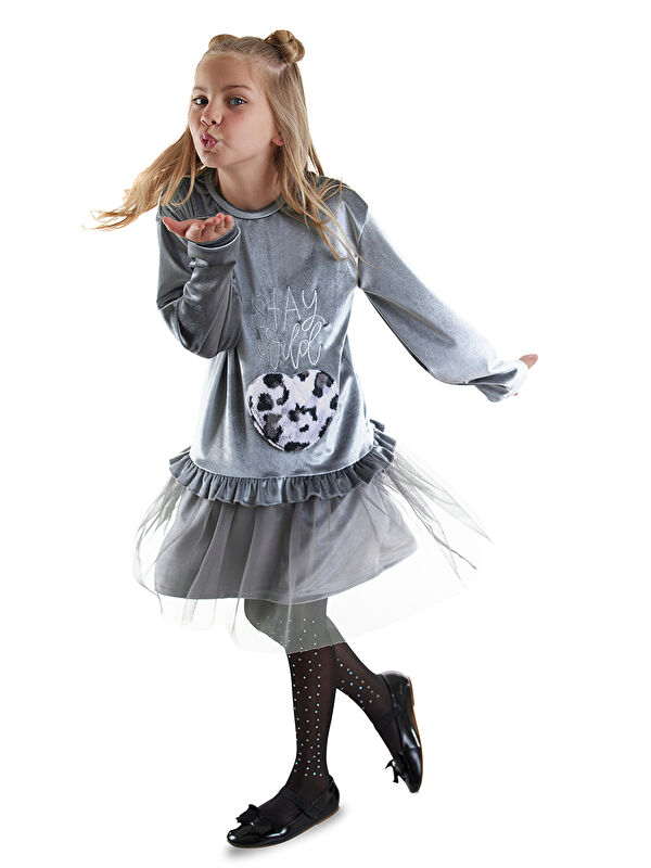 Denokids Leopar Cepli Kız Çocuk Gri Kadife Elbise