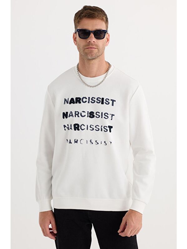 TUDORS Unisex Oversize Geniş Kesim Pamuklu Yumuşak Dokulu Bisiklet Yaka İçi Polarlı Baskılı Ekru Sweatshirt