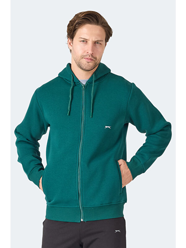 SLAZENGER MAJESTIC I   Kapüşonlu Cepli Koyu Yeşil Erkek Polar Fermuarlı Sweatshirt Hırka