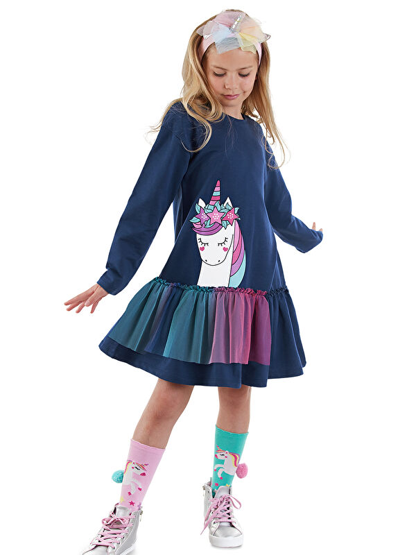 Denokids Tüllü Kız Çocuk Lacivert Elbise