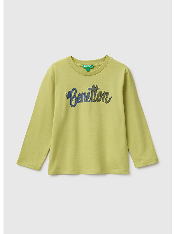 United Colors Of Benetton Erkek Bebek Fıstık Yeşili Önü Baskılı Uzun Kollu Tişört