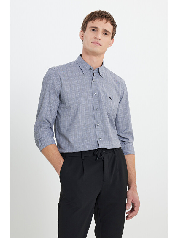 Altınyıldız Classics Erkek Gri-Beyaz %100 Pamuk Oxford Slim Fit Dar Kesim Gizli Düğmeli Yaka Kareli Gömlek
