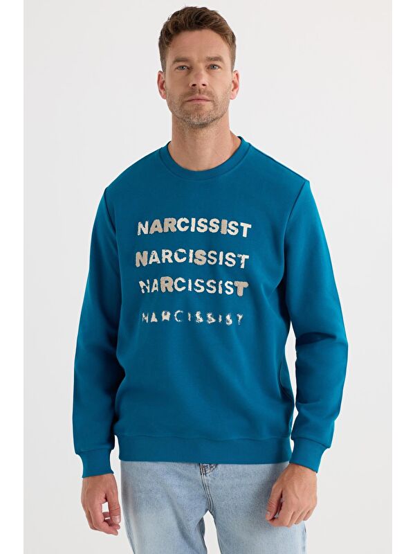 TUDORS Unisex Oversize Pamuklu Yumuşak Dokulu Bisiklet Yaka İçi Polarlı Baskılı Turkuaz Sweatshirt​​​​​​​