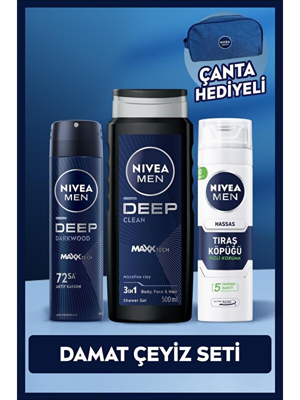 NIVEA MEN Erkek Bakım Damat Çeyiz Seti, Hassas Tıraş Köpüğü, Duş Jeli ve Sprey Deodorant, Çanta Hediye