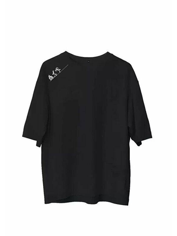 Jane's Unisex Bisiklet Yaka Baskılı Oversize T-Shirt - Siyah