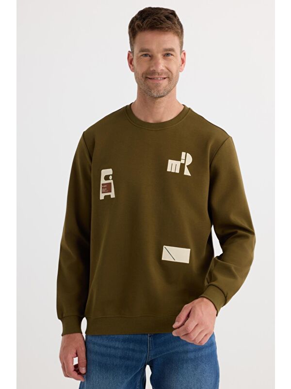 TUDORS Erkek Relax Fit Rahat Kesim Pamuklu Lastikli Kol Bisiklet Yaka Baskılı Haki Sweatshirt