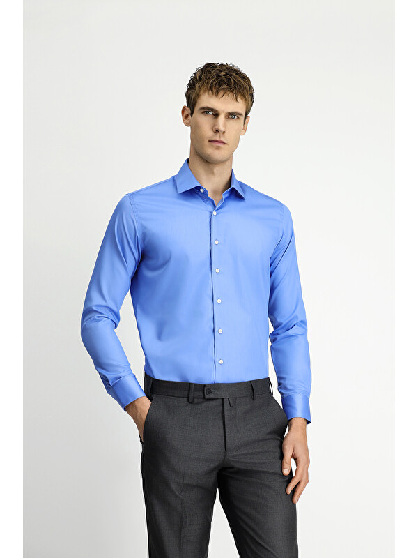 Kiğılı Uzun Kol Slim Fit Dar Kesim Pamuklu Non Iron Saten Klasik Gömlek