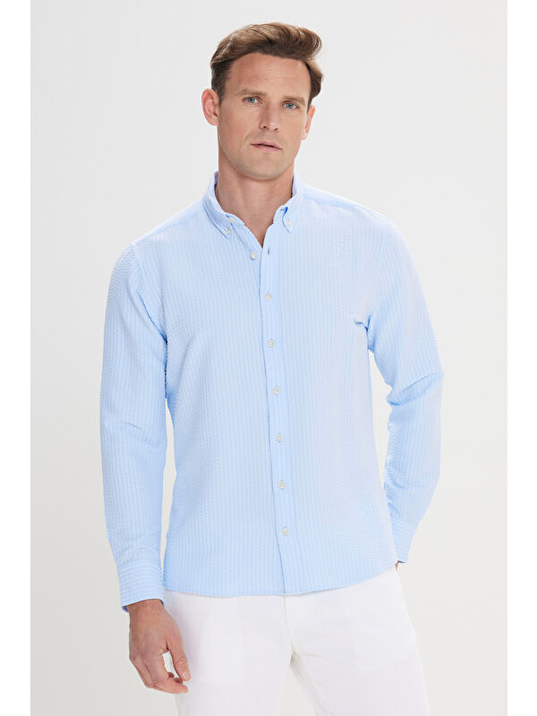 Altınyıldız Classics Erkek Mavi Slim Fit Dar Kesim Keten Görünümlü Gofre Desenli Düğmeli Yaka Gömlek