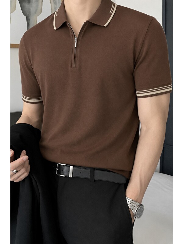 Tarz Cool Erkek Fermuar Yaka Triko Polo Tişört – Slim Fit Pamuklu Yazlık Triko