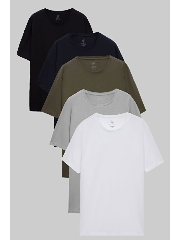 D'S damat Siyah/Lacivert/Haki/Gri/Beyaz 5'Li Oversize %100 Pamuk Tişört