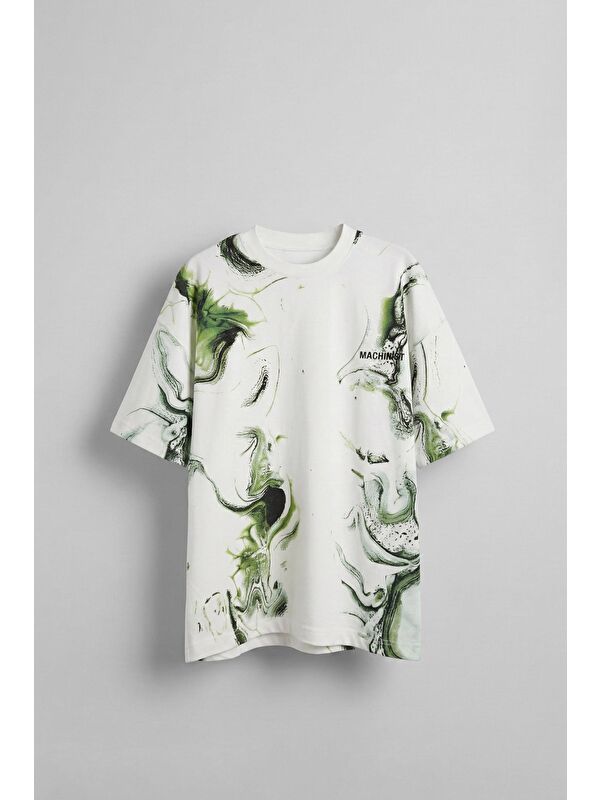 Abluka Online Erkek Oversize Desen Baskılı Premium T-Shirt Beyaz