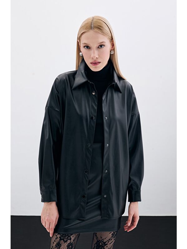 SATEEN Çıtçıtlı Deri Gömlek - Siyah