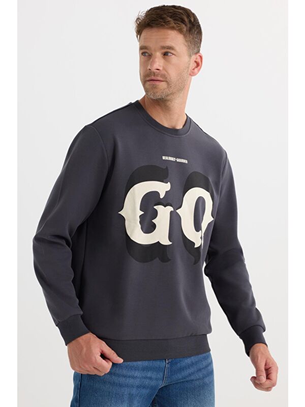 TUDORS Erkek Relax Fit Rahat Kesim Pamuklu Lastikli Kol Bisiklet Yaka Baskılı Antrasit Sweatshirt