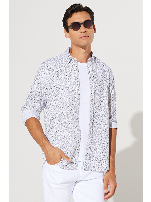 AC&Co / Altınyıldız Classics Erkek Beyaz-Antrasit Slim Fit Dar Kesim Düğmeli Yaka Baskılı Gömlek