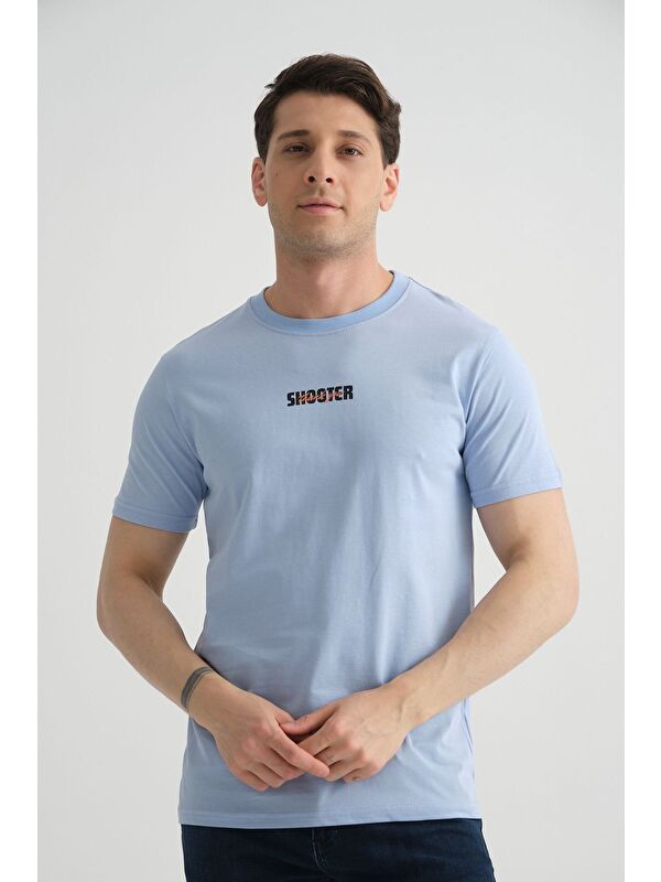 Shooter Sportswear Bebe Mavisi Shooter Erkek T-Shirt Minimal Baskılı Pamuklu Kumaş Standart Kalıp
