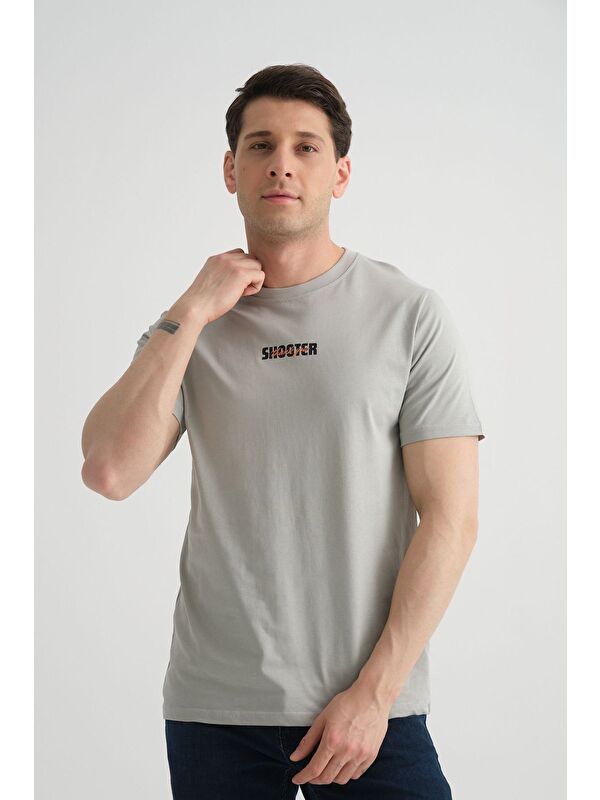 Shooter Sportswear Gri Shooter Erkek T-Shirt Minimal Baskılı Pamuklu Kumaş Standart Kalıp