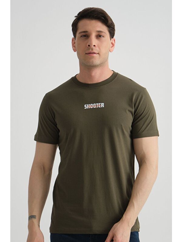 Shooter Sportswear Haki Shooter Erkek T-Shirt Minimal Baskılı Pamuklu Kumaş Standart Kalıp