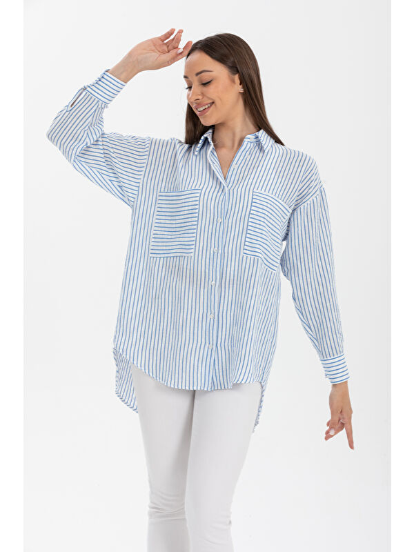 Pera Moda Çift Cepli Arkası Uzun Önü Kısa Luna Keten Çizgili Oversize Gömlek