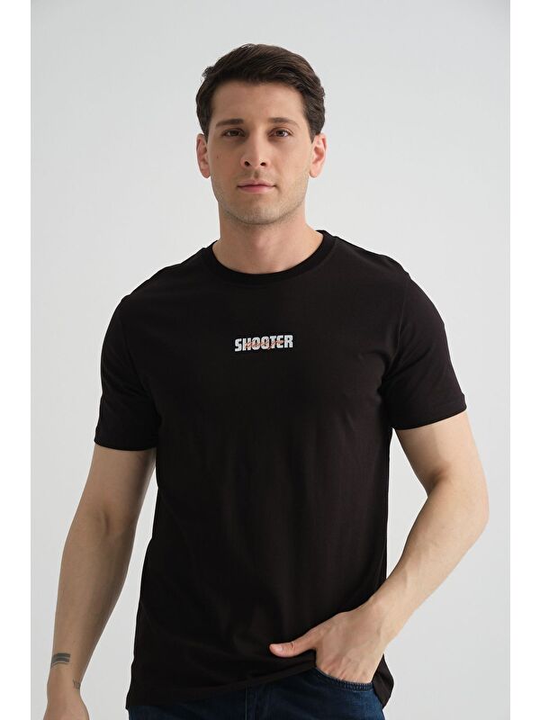 Shooter Sportswear Siyah Shooter Erkek T-Shirt Minimal Baskılı Pamuklu Kumaş Standart Kalıp