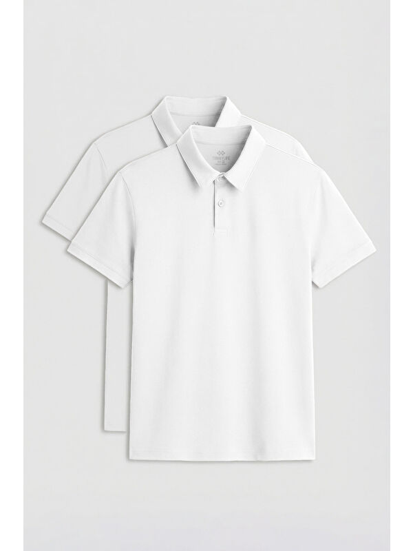 Tommylife Standart Fit Basic Polo Yaka 2li Paket Beyaz Erkek T-Shirt - 87768