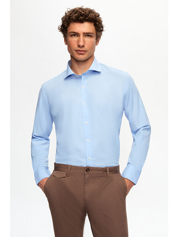 D'S damat Slim Fit Mavi İtalyan Yaka Dar Kesim Klasik Kravatlık Uzun Kol Kolay Ütülenebilir Gömlek