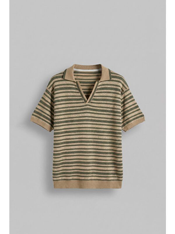 Abluka Online Erkek Oversize Yarım Pat Yaka Fileli Esnek T-Shirt Bej Yeşil