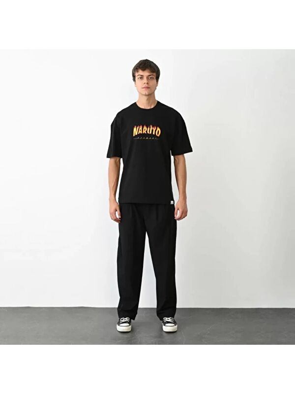 Jane's Unisex Bisiklet Yaka Baskılı Oversize T-Shirt - Siyah