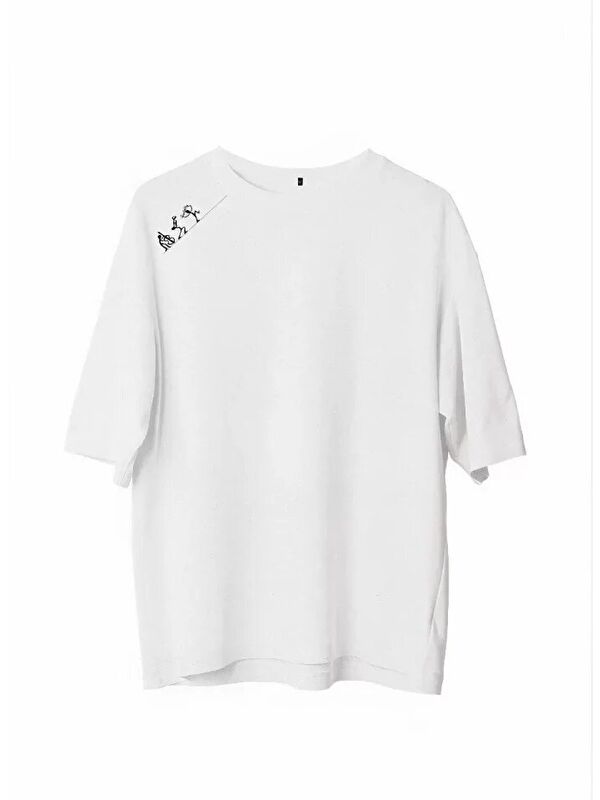 Jane's Unisex Bisiklet Yaka Baskılı Oversize T-Shirt - Beyaz